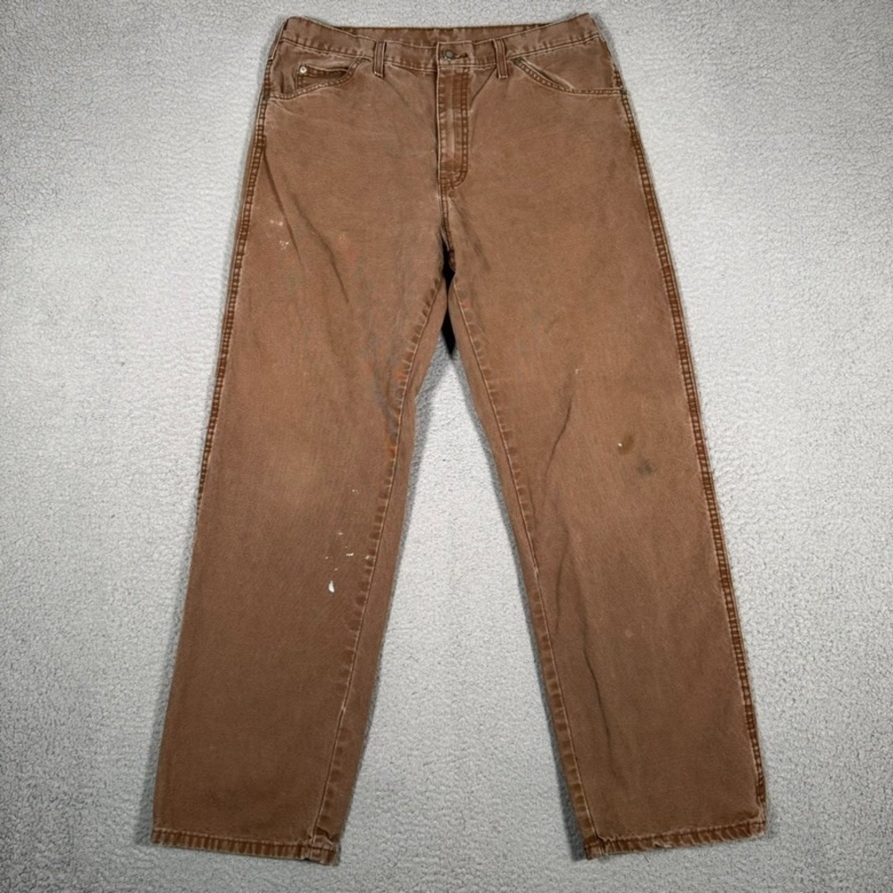 Dickies Pants Mens 34x31 Brown Flex Canvas Workwear Preppy Utility Pockets Logo